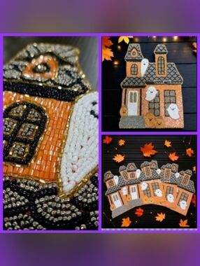 x4 Haunted House Halloween Ghost Pumpkin Shimmer Beaded Placemats CHARGERS Set